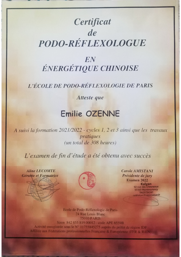 photo diplome Rise and shine energy - Réflexologie plantaire
