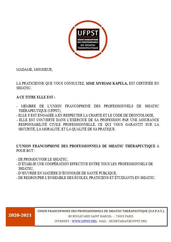 photo diplome Myriam KAPELA - Shiatsu Espace ESATTA