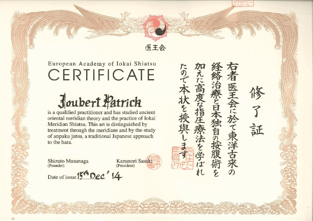 photo diplome Ecole Iokaï Shiatsu Montpellier