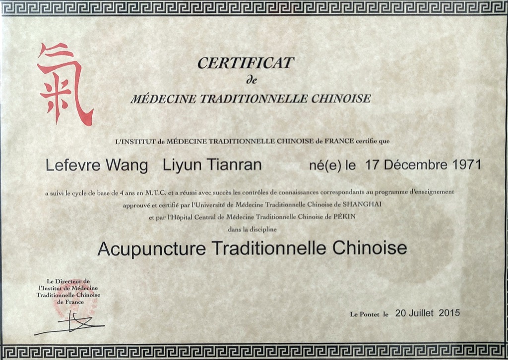 photo diplome Tianran Liyun Wang, Fascia Thérapie Acupuncture