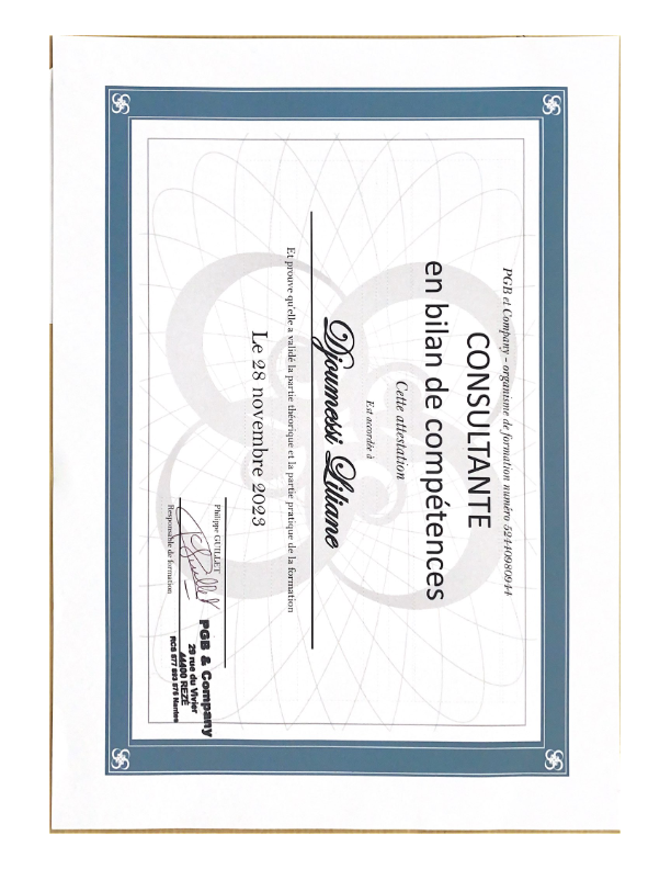 photo diplome DES AILES CONSULTING - Liliane Djoumessi