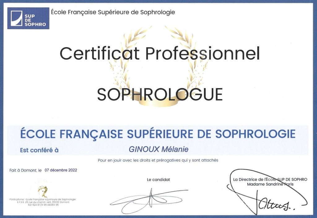 photo diplome Mélanie GINOUX Sophrologie