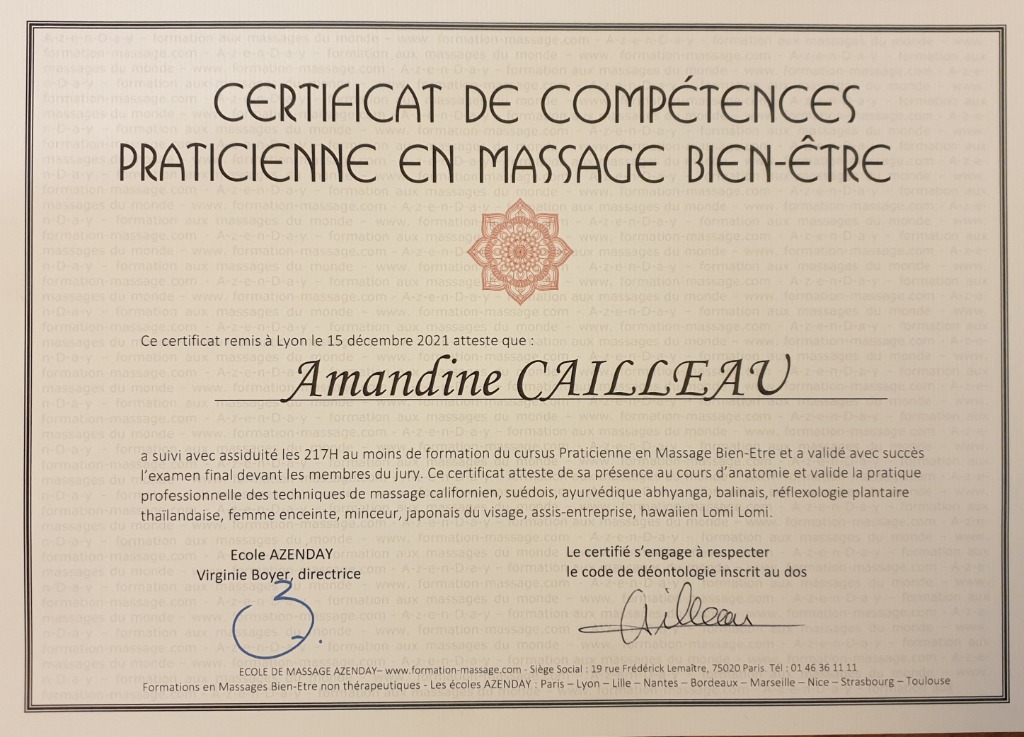 photo diplome Azô Massage