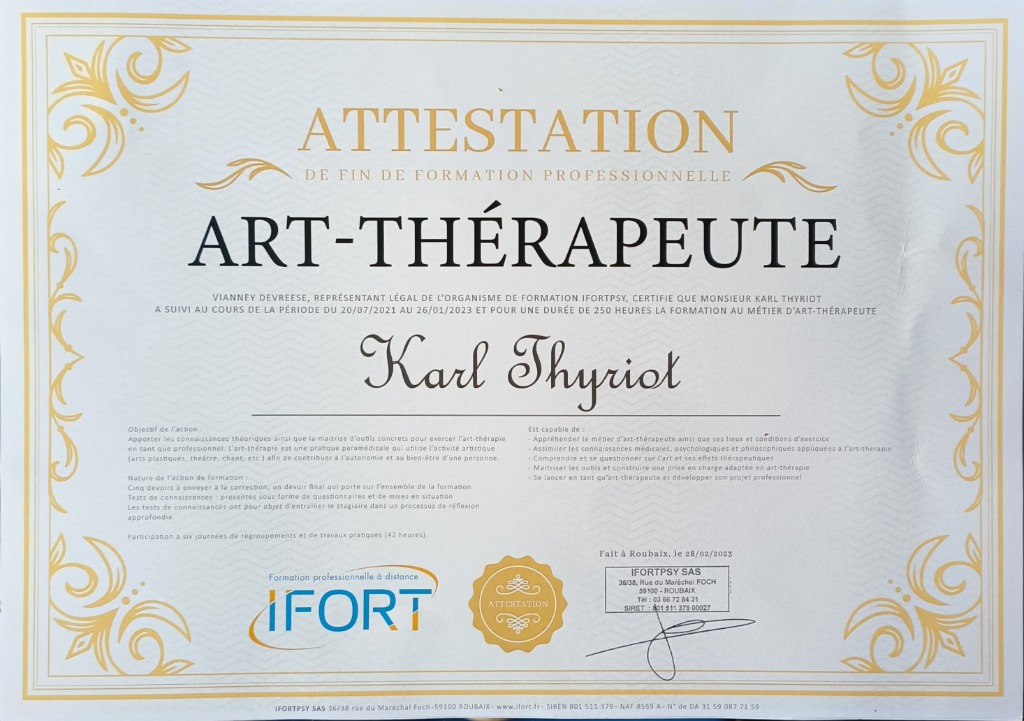 photo diplome KARL THYRIOT Art-thérapeute "la liberté d’être"