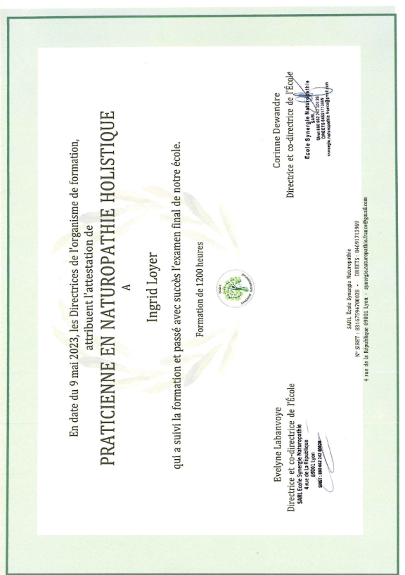photo diplome Ingrid Lhotte Loyer - Naturo toulouges