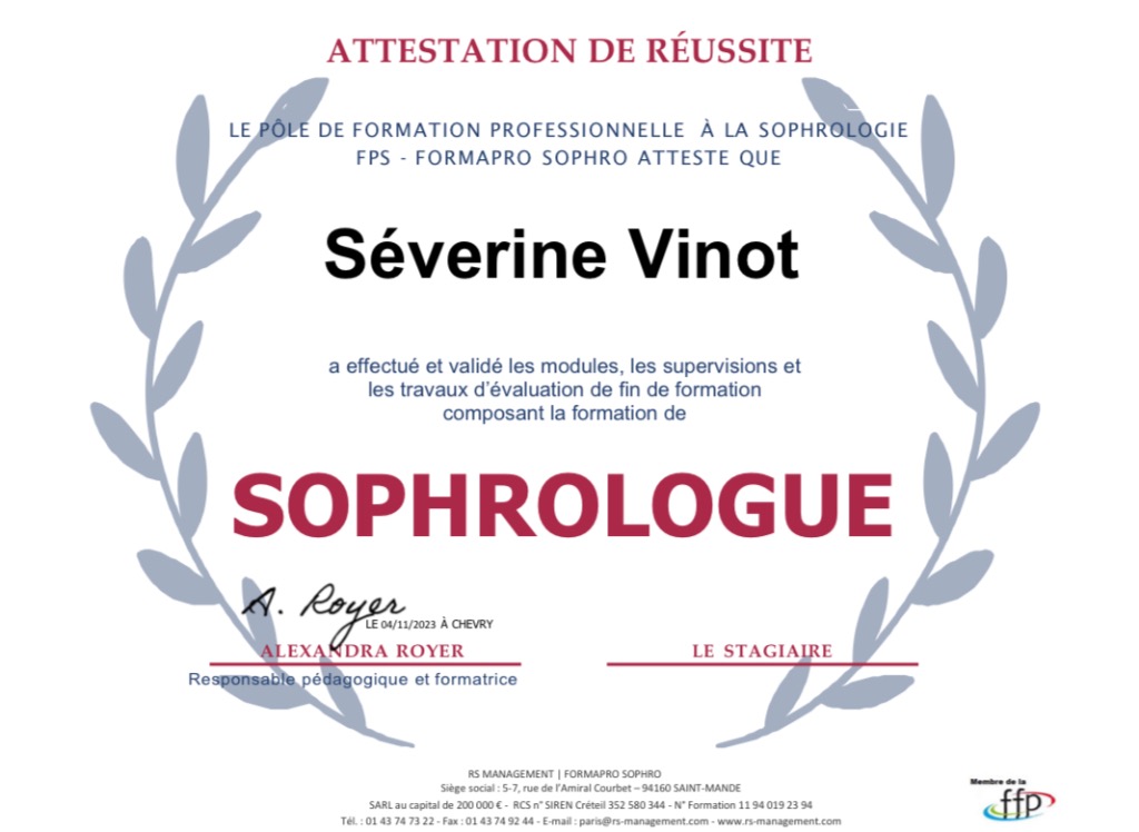 photo diplome Séverine VINOT Chez my Flow