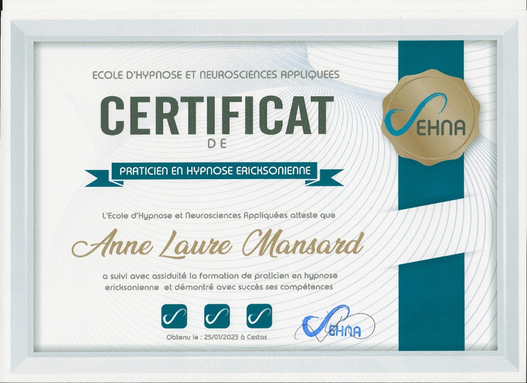 photo diplome Anne-Laure Hypnose