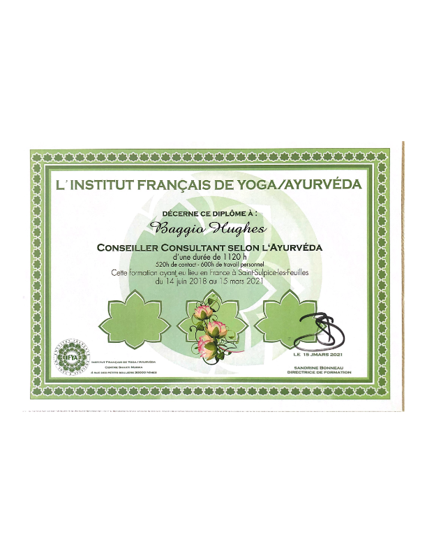 photo diplome Hughes Baggio Ayurveda