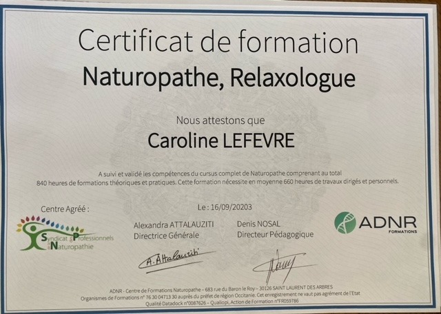 photo diplome LEFEVRE CAROLINE - Les champs du bien être