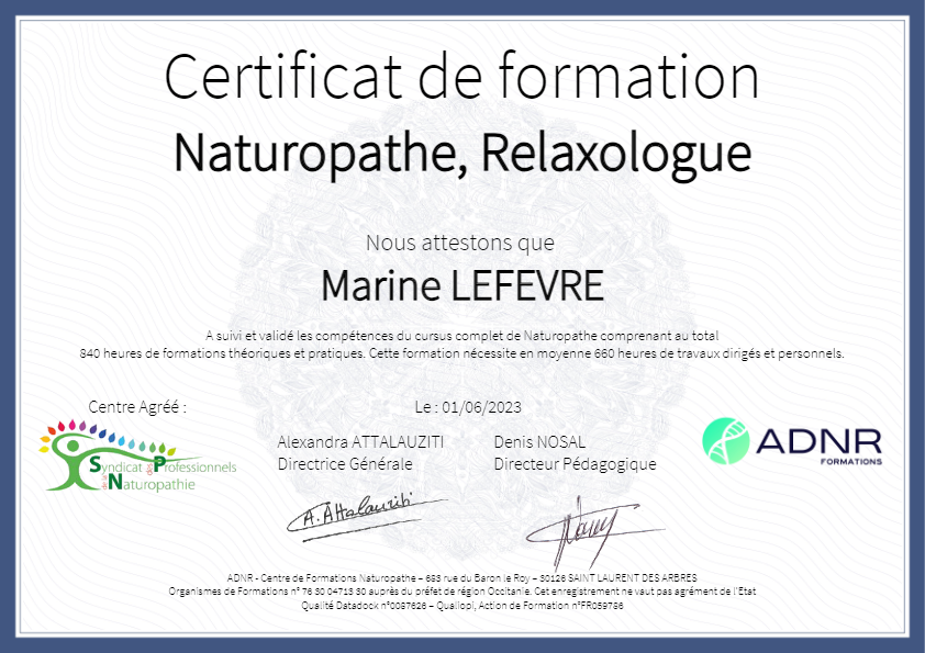 photo diplome Marine LEFEVRE - Naturopathie et réflexologie