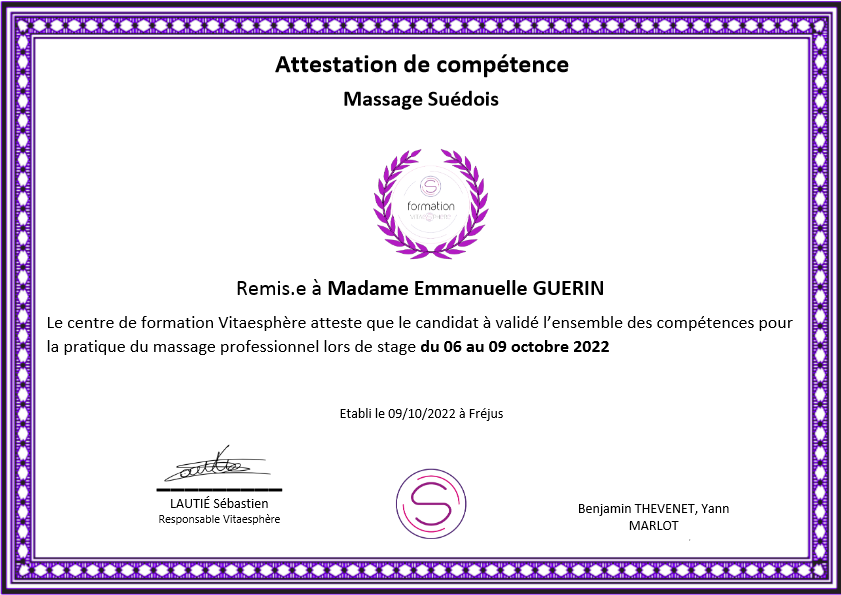 photo diplome Emmanuelle Massage Bien-être