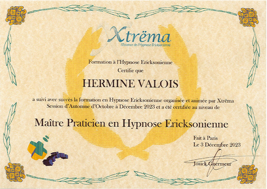 photo diplome Vendredi Hypnose Hermine Valois