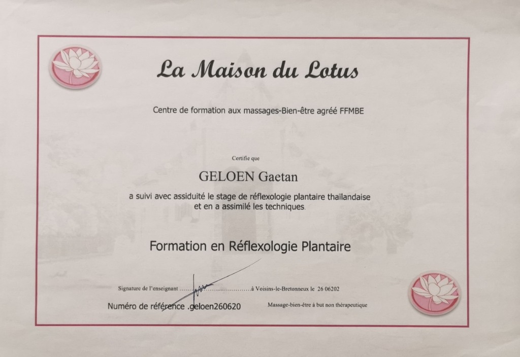 photo diplome Gaëtan Réflexologue 