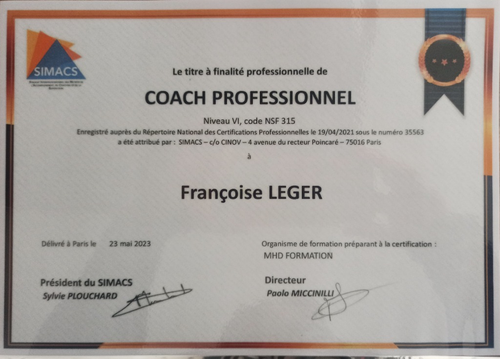 photo diplome Creative Coaching - LEGER Françoise
