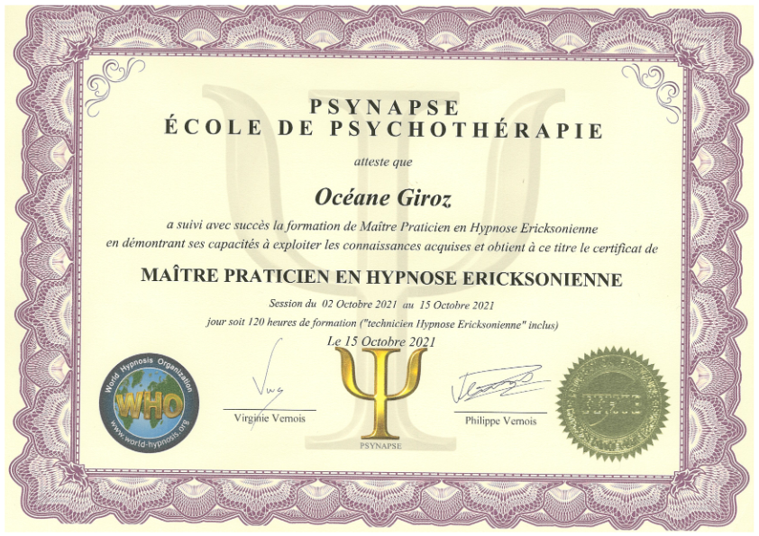 photo diplome Océane GIROZ - Transcendance Thérapie