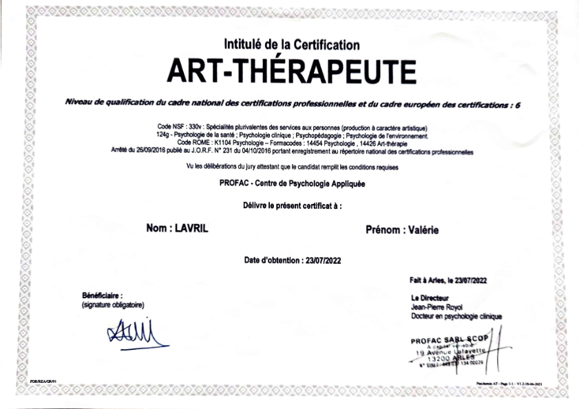photo diplome Art’monie de l’Etre - Valérie LAVRIL