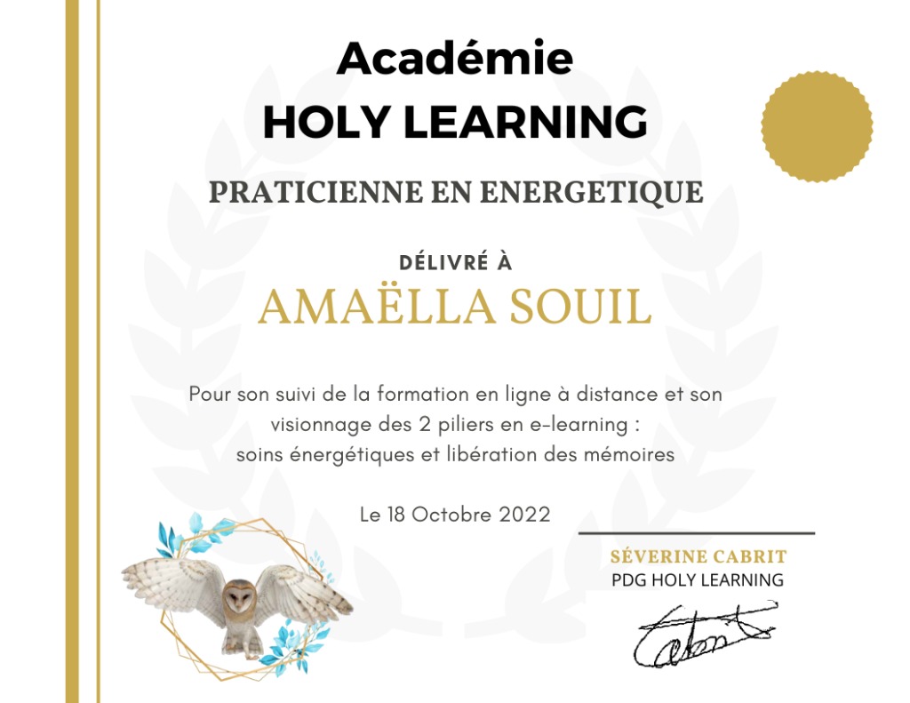 photo diplome Amaëlla SOUIL : Magnétisme et Soins Energétiques
