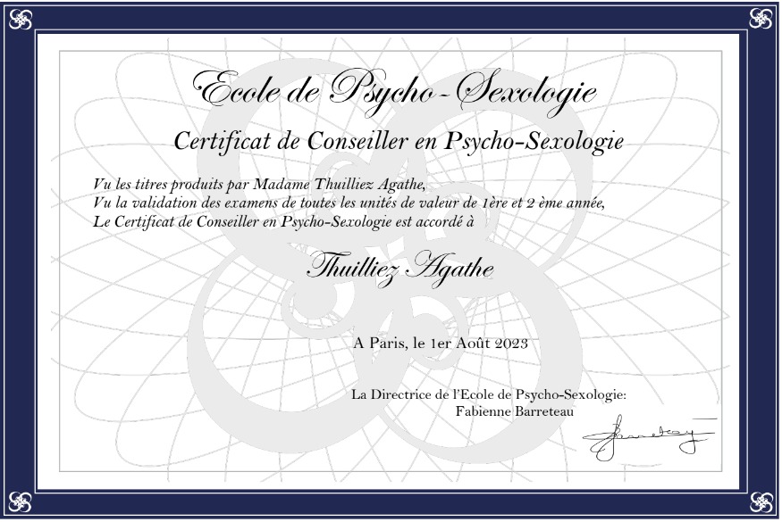 photo diplome Agathe Sexothérapeute