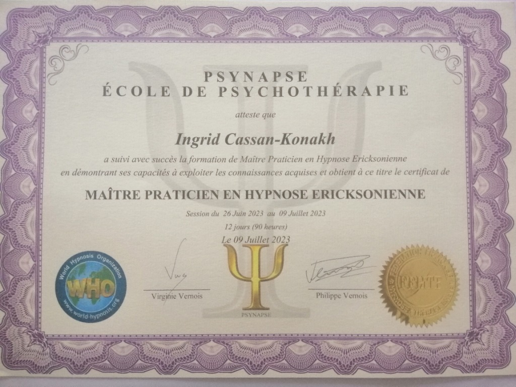 photo diplome INGRID KONAKH hypnologue maitre-hypnotherapeute