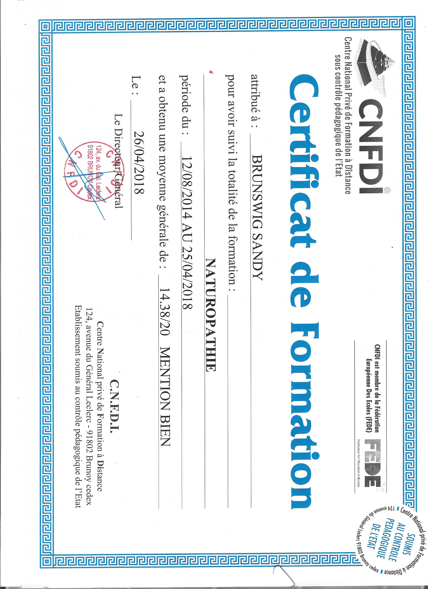 photo diplome Sandy BRUNSWIG