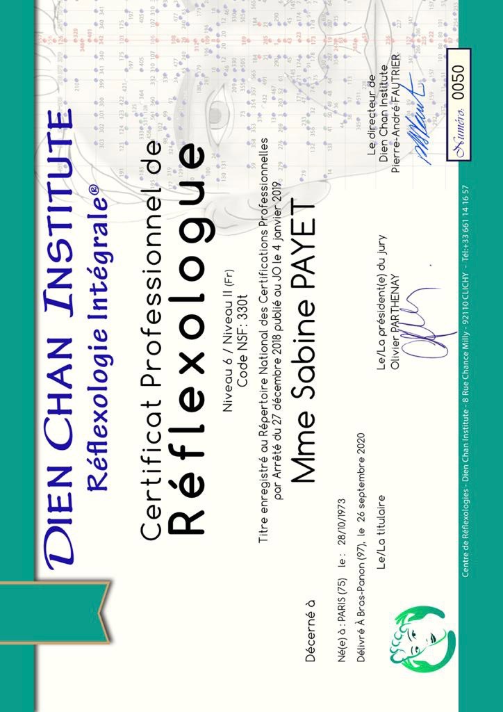 photo diplome Sabine Réflexologie 