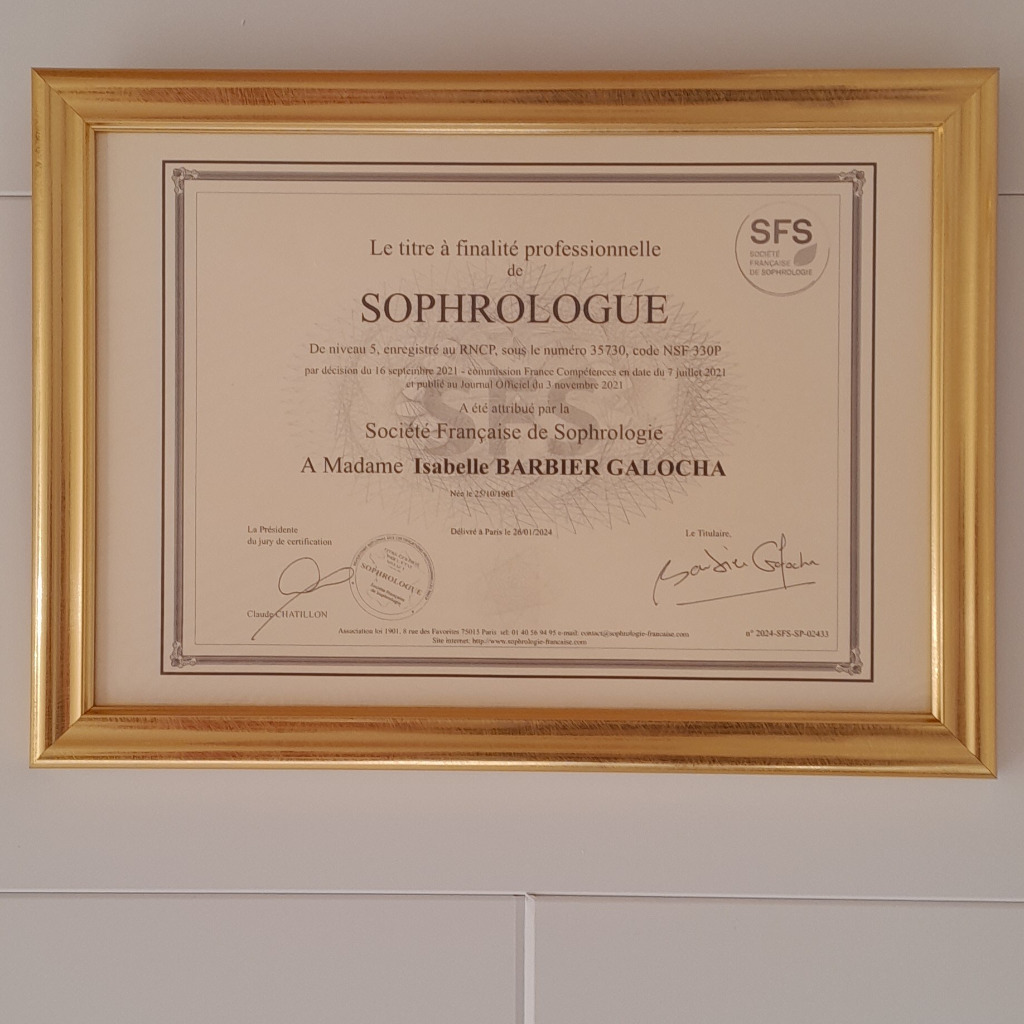 photo diplome Cabinet de Sophrologue Isabelle BARBIER