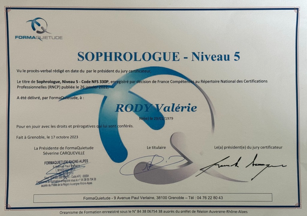 photo diplome Valérie RODY Sophrologue