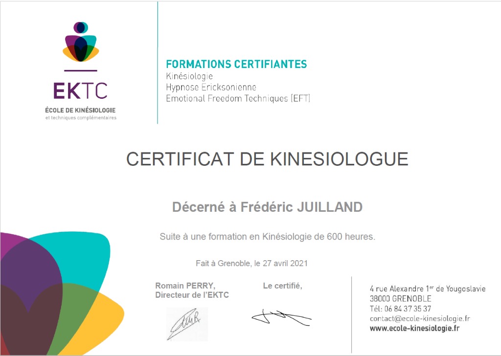 photo diplome Frédéric Juilland Kinésiologie & Bien-Être