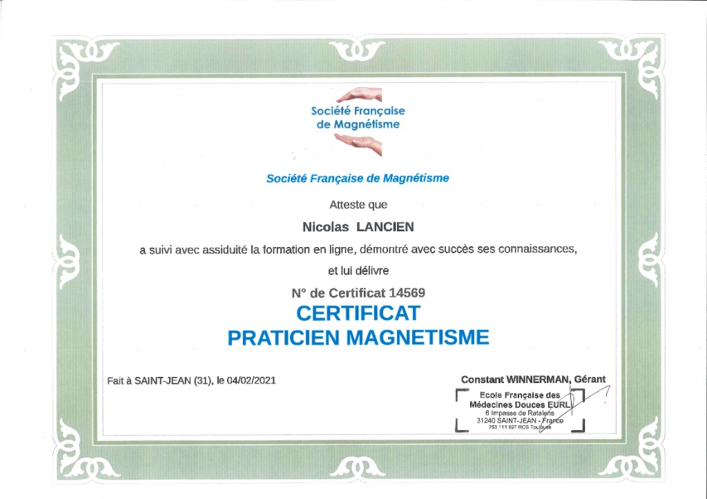 photo diplome MAGNETISME HERAULT - MAGNÉTISEUR À DISTANCE