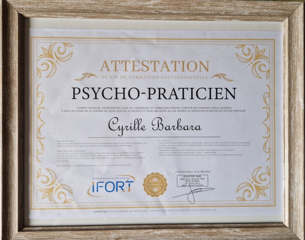 photo diplome Barbara Cyrille - B-Well Thérapie