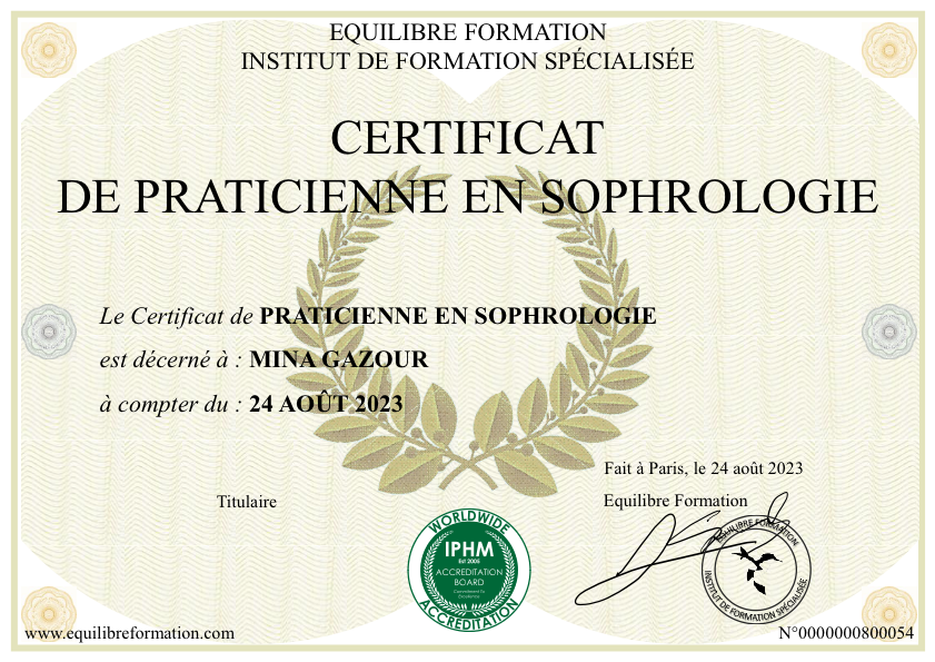 photo diplome Mina sophrologue