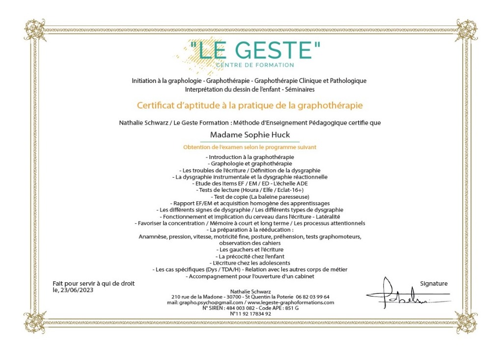 photo diplome Grapho’Geste Graphothérapeute