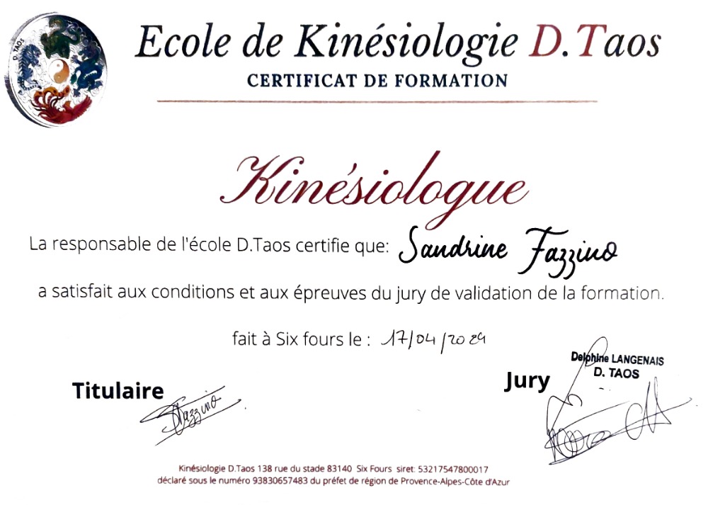 photo diplome Sandrine FAZZINO - KINESIOLOGUE CERTIFIEE