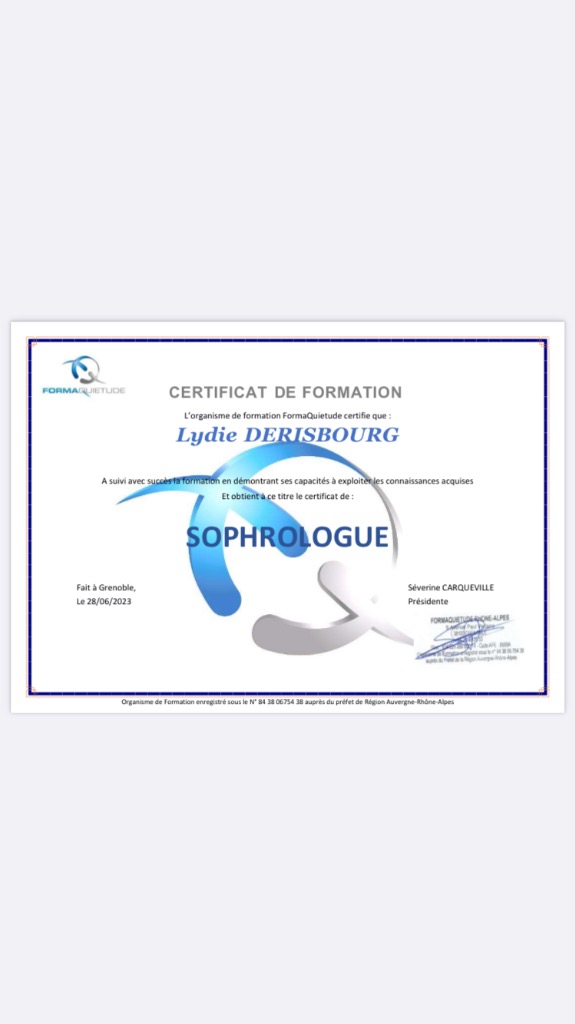 photo diplome Lydie Sophrologie