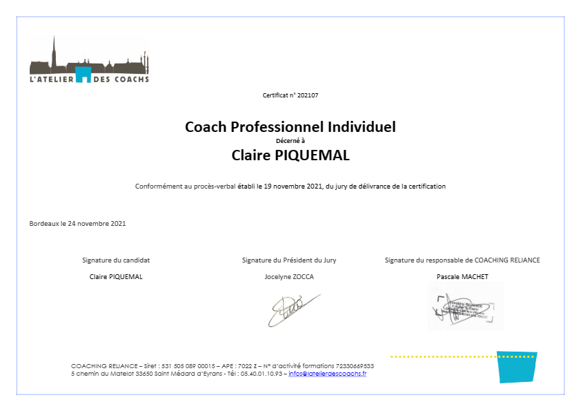 photo diplome Claire Efflorescence Coaching