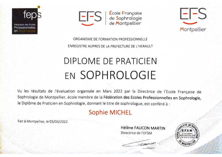 photo diplome Sophie Michel Sophrologue