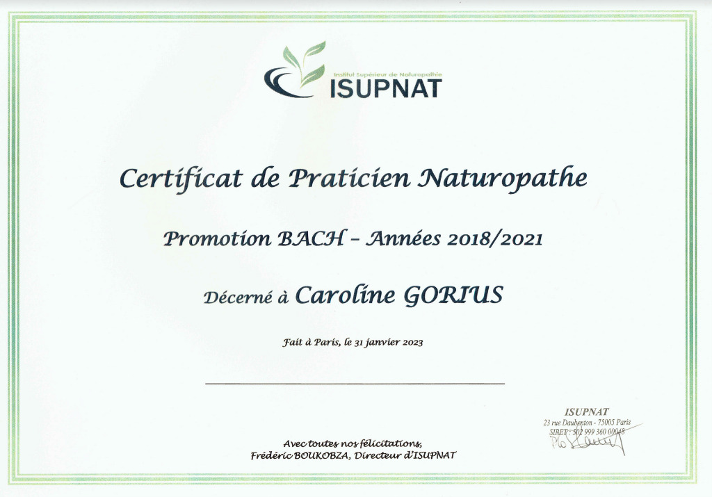 photo diplome Naturopathie humaine et aniamale, Caroline Gorius