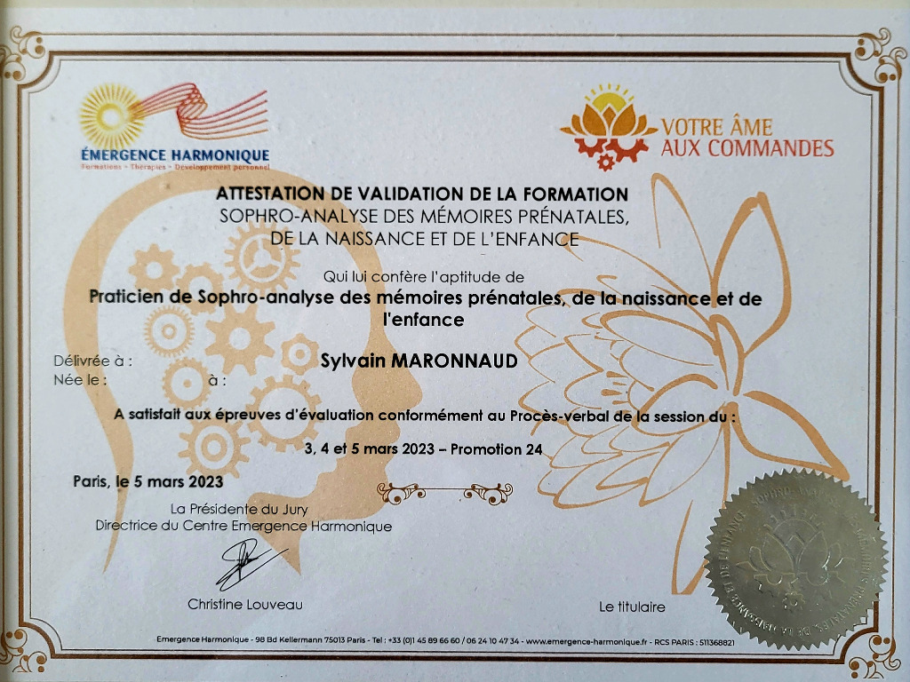 photo diplome Sylvain Maronnaud, sophro-analyste 