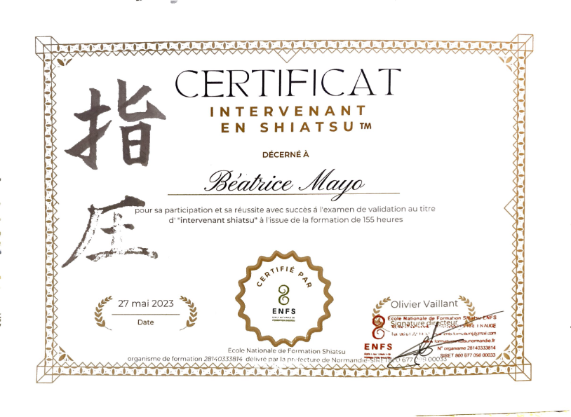photo diplome Béatrice Mayo Massage Shiatsu