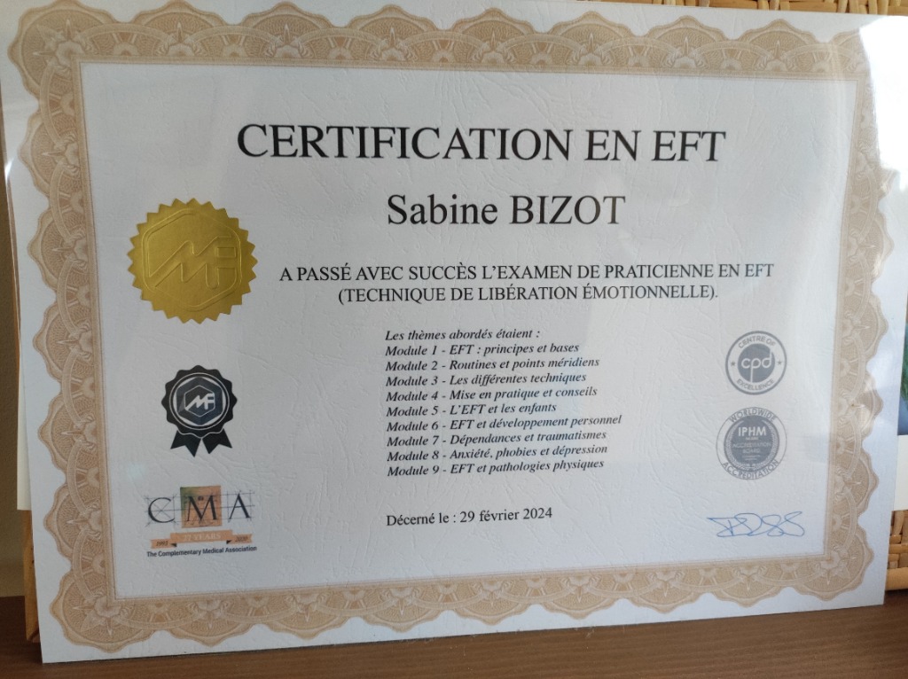 photo diplome Sabine Bizot Psychopraticienne EI