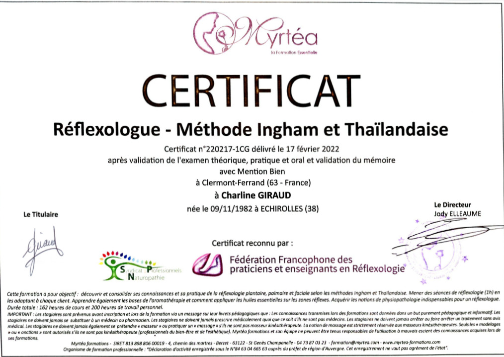 photo diplome Charline Giraud - Racine, réflexologie essentielle