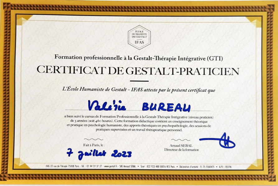 photo diplome Valérie Bureau - Gestalt Thérapie Marseille