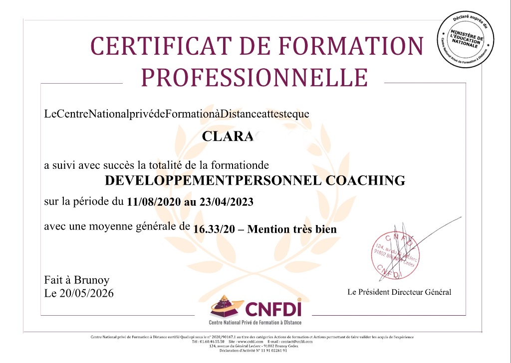 photo diplome Clara Coaching