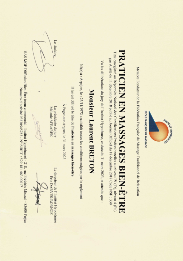 photo diplome L’or en massage