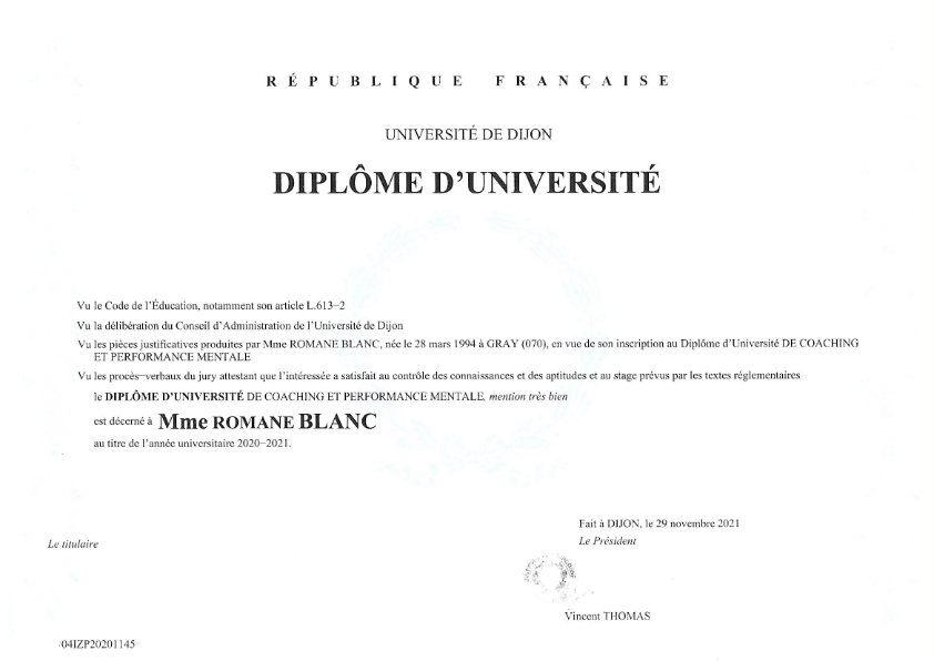 photo diplome Romane Blanc - Kahi Loa Coaching