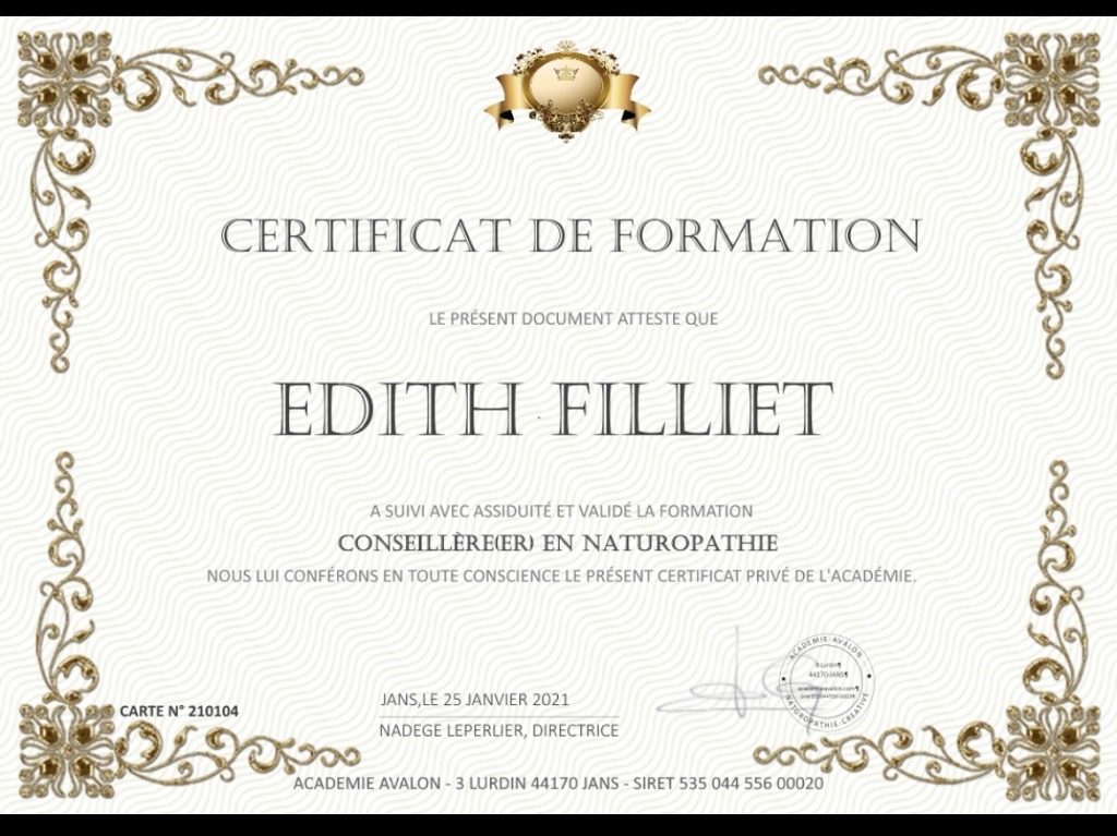 photo diplome Thérapeute Bien-être Edith Filliet Hernandez