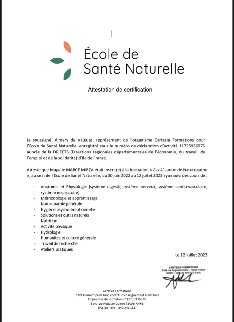 photo diplome Magalie Marce Mirza  Conseillere Naturopathe
