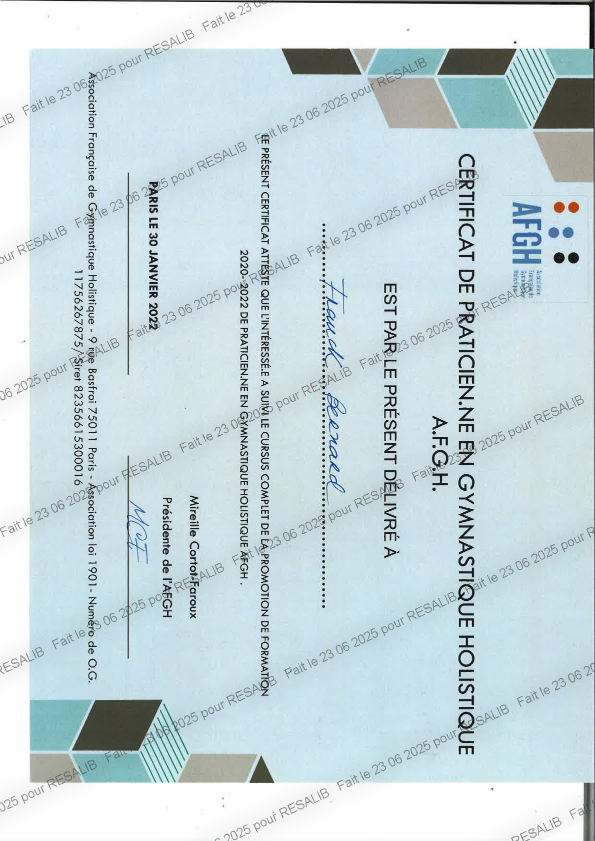 photo diplome Franck BERNARD: Méthode Feldenkrais,gym holistique