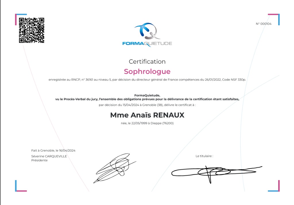 photo diplome Sophrologie Anaïs Renaux