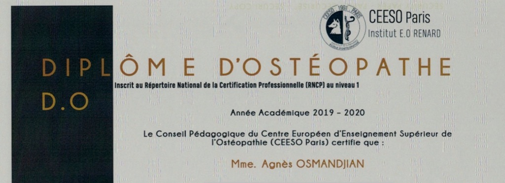 photo diplome Cabinet Ostéopathie-Biokinergie Agnès Osmandjian